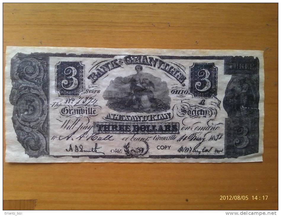 Billete Granville. 3 Dólares. 1838. Estados Unidos De América. - Colonial (18. Jahrhundert)