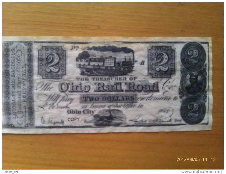 Billete Ohio City. 2 Dólares. 1845. Estados Unidos De América. - Valuta Coloniale (XVIII Secolo)