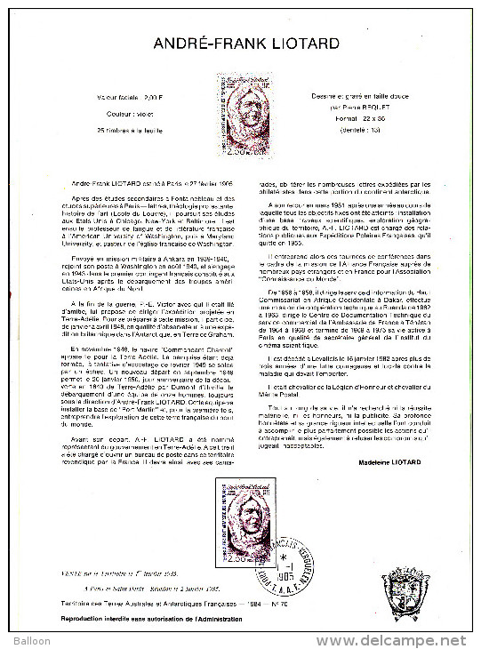 TAAF - FDC Sur Document 1985 - YT Poste N°111 - André-Franck LIOTARD - 01.01.1985 KERGUELEN - FDC