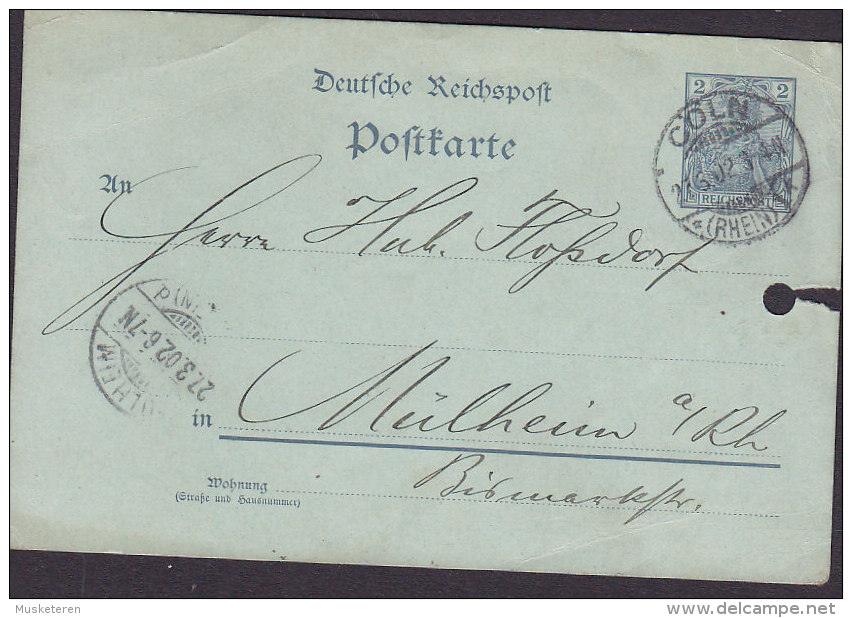 Germany Deutsche Reichspost 2 Pf. Germania CÖLN (Rhein) 1902 MÜLHEIM A. Rhein (2 Scans) - Postkarten