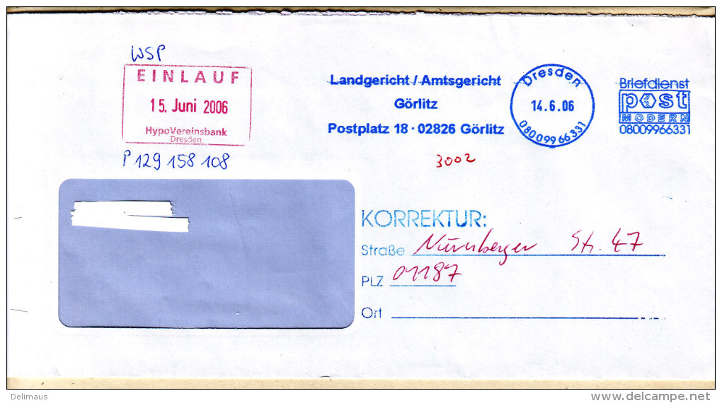 BRD Privatpost 2006 Post Modern Briefdienst Dresden Nebenstempel 'Korrektur' Und 'EINLAUF' - Privatpost