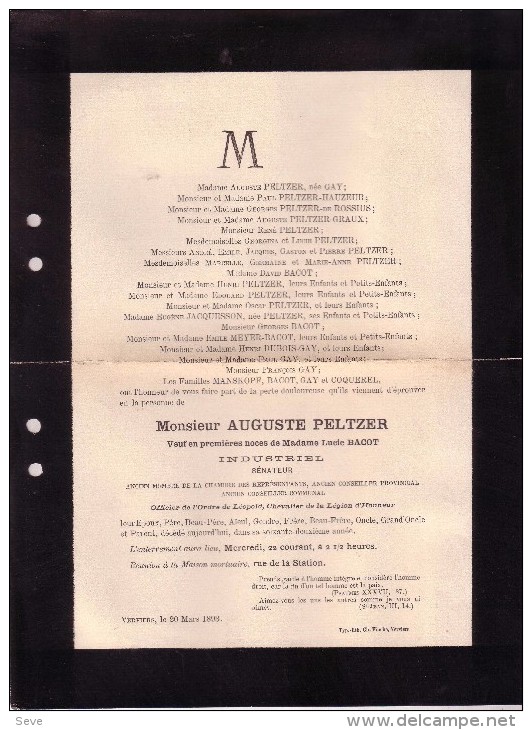 VERVIERS Auguste PELTZER Veuf BACOT 1893 Industriel Sénateur Ancien Député Conseiller Provincial Faire-part Décès - Décès