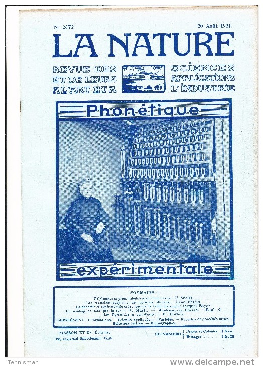 LA NATURE Revue Des Sciences ,phonétique Expérimentale , N°2472, 20 Aout 1921 - 1900 - 1949