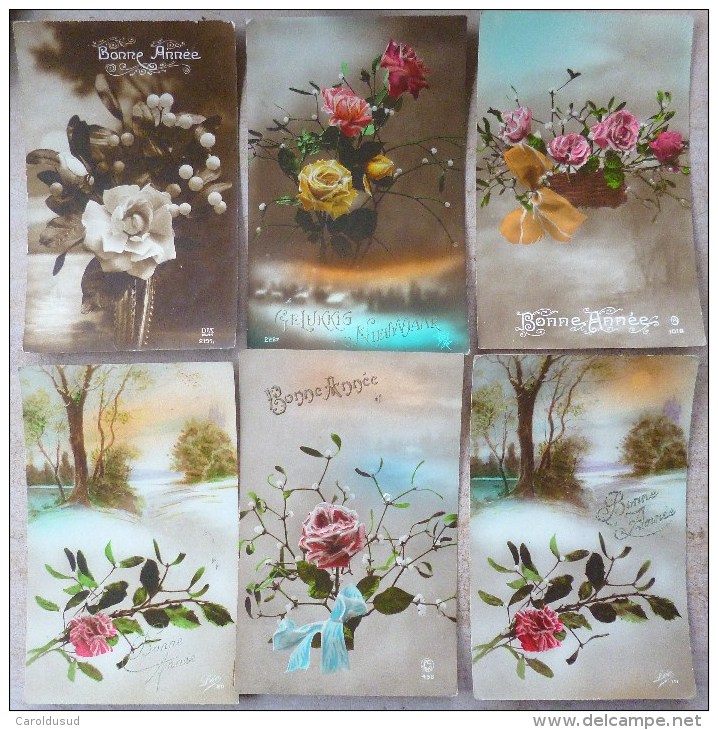 Lot 7 X Cp Photo Montage Deco Fleurs Violette Violettes Bouquet Vase Voir Timbre Albert Belgique - Collections & Lots