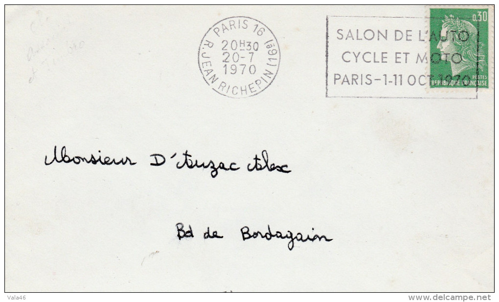 FRANCE   CYCLISME AUTOMOBILE - MOTO FLAMME  TEMPORAIRE  DU 01.au 11/10/1970 - Cycling