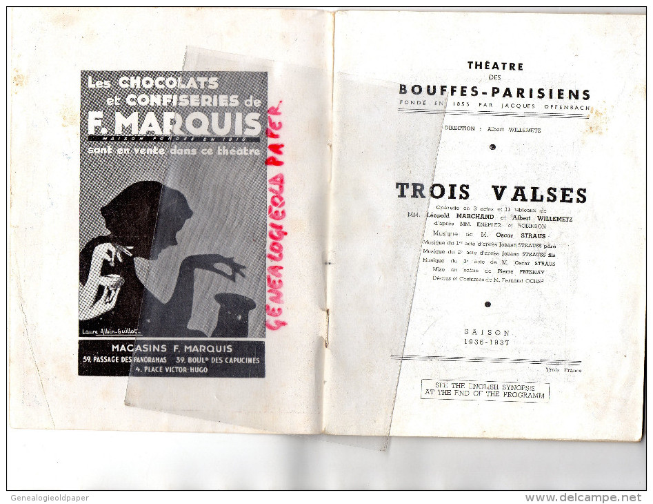 75 - PARIS - PROGRAMME THEATRE BOUFFES PARISIENS- OFFENBACH- TROIS VALSES-1936-1937- MARCHAND-WILLEMETZ-STRAUS-PRINTEMPS - Programmes