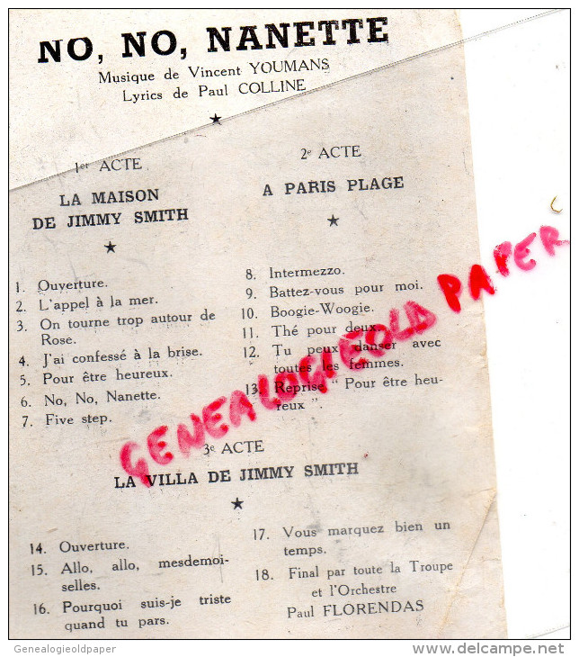 75 - PARIS - THEATRE MOGADOR- PROGRAMME NO, NO, NANETTE- VINCENT YOUMANS- PAUL COLLINE- HENRI VARNA-CORDAY -VAN CAULAERT - Programme