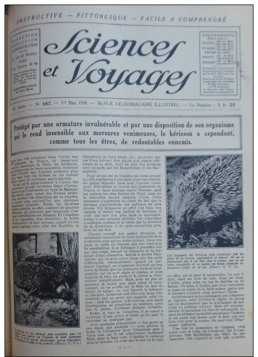 SCIENCES ET VOYAGES 1930 N°557:LE HERISSON/ILE SAO-THOME/GRANDES INNONDATIONS/TANNERIES/ - Andere & Zonder Classificatie