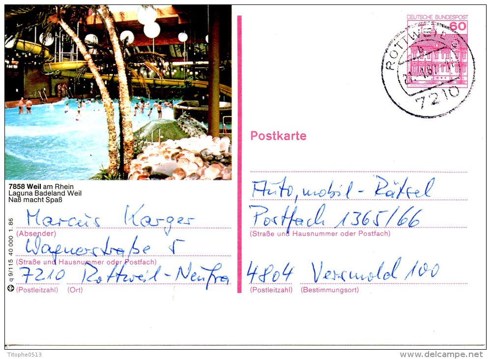 ALLEMAGNE. Carte Pré-timbrée Ayant Circulé En 1987. Oblitération : Rottweil. - Cartes Postales Illustrées - Oblitérées