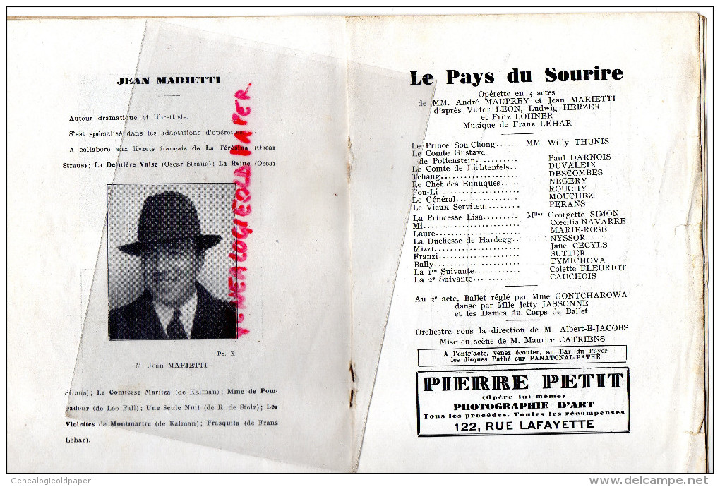 75 - PARIS - PROGRAMME THEATRE GAITE LYRIQUE-SQUARE ARTS METIERS- 1932-33- LE PAYS DU SOURIRE-LEHAR-MAUPREY-MARIETTI-