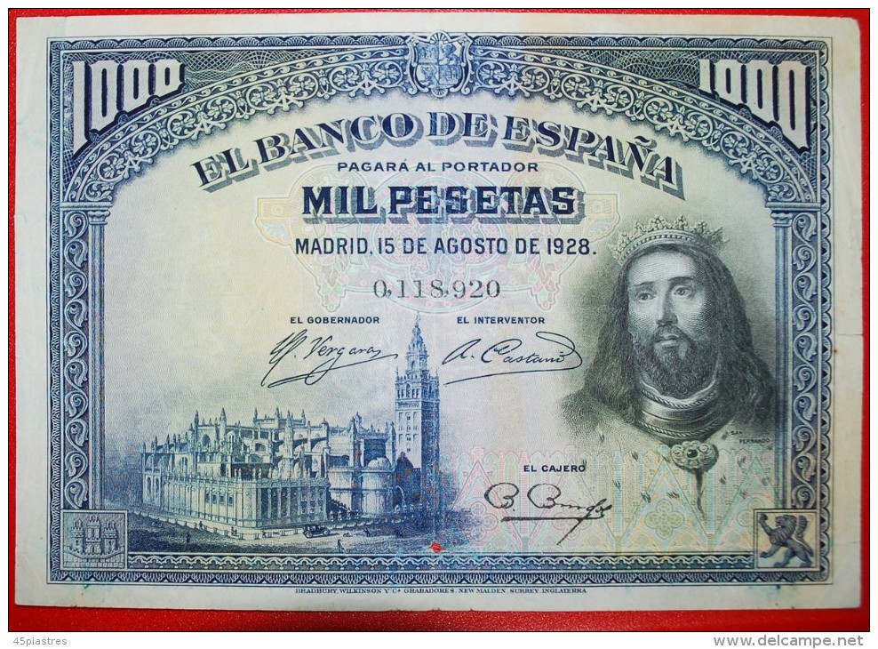 • EUCHARIST: SPAIN ★ 1000 PESETAS 1928!!! San Fernando (1217– 1252) LOW START!&#9733;NO RESERVE! - 1000 Pesetas