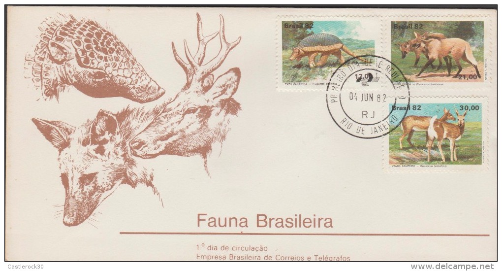 O) 1982 BRAZIL,  PRIODONTES GIGANTEUS, CHYSOCYON BRACHYURUS, OZOTOCEROS BEZOARTICUS, BRAZILIAN FAUNA, FDC SLIGHT TONED, - FDC