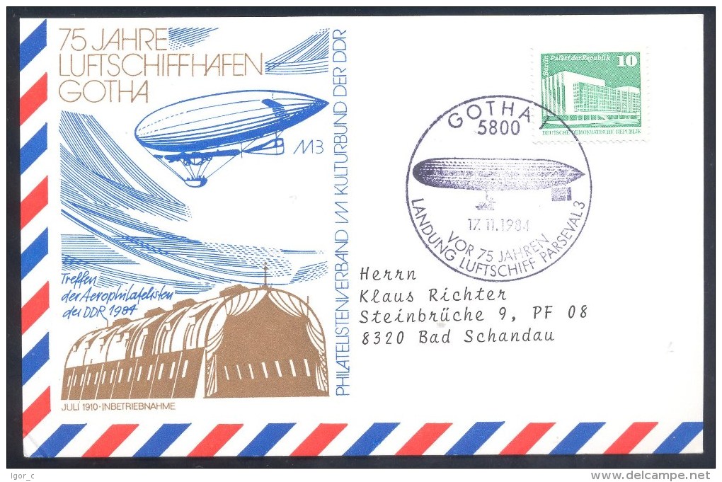 Deutschland Germany DDR Airships Zeppelin 1983 Card: 75 Jahre Luftschiffhafen Gotha; Luftschiff Parseval 3 - Montgolfières