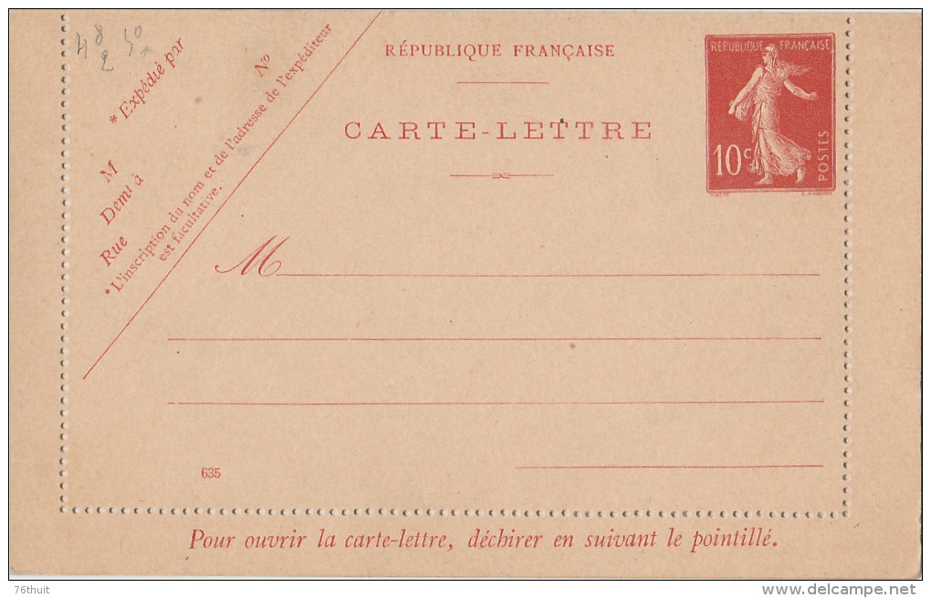 CARTE LETTRE - SEMEUSE 10 C - ENTIER POSTAL NEUF - Date 635 - Lignes Pour L ´ Expéditeur - Cartes-lettres