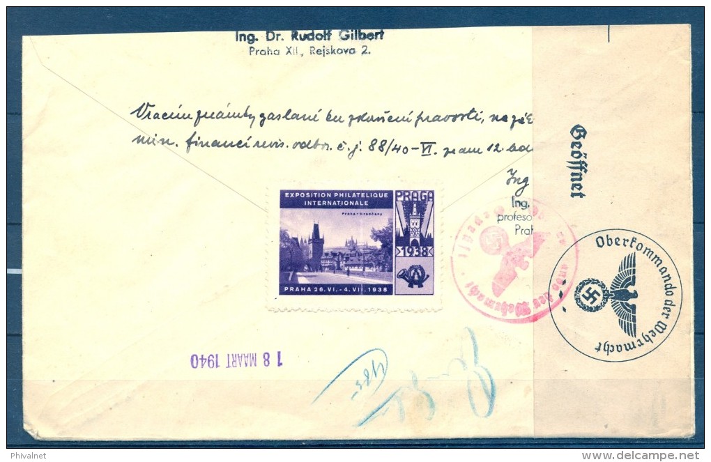 1940 , BOHEMIA Y MORAVIA , CERTIFICADO CIRCULADO ENTRE PRAGA Y AMSTERDAM , VIÑETA EXPO FILATÉLICA INT. CENSURA ALEMANA - Cartas & Documentos