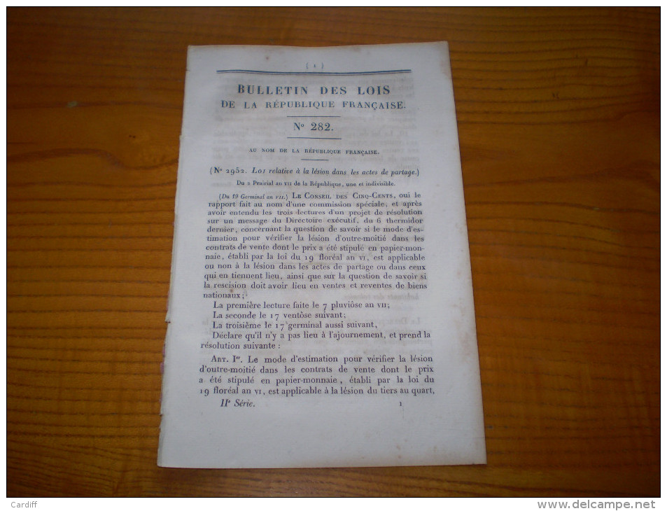 An VII:Actes De Partage.Droit Sur Bateaux De Charbon De Bois.Droit De Timbre Sur Avis Imprimés.Pensions Ecclésiastiques - Décrets & Lois