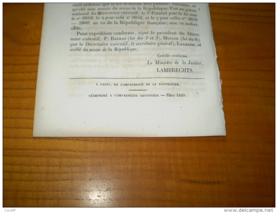 An VII:Actes De Partage.Droit Sur Bateaux De Charbon De Bois.Droit De Timbre Sur Avis Imprimés.Pensions Ecclésiastiques - Décrets & Lois