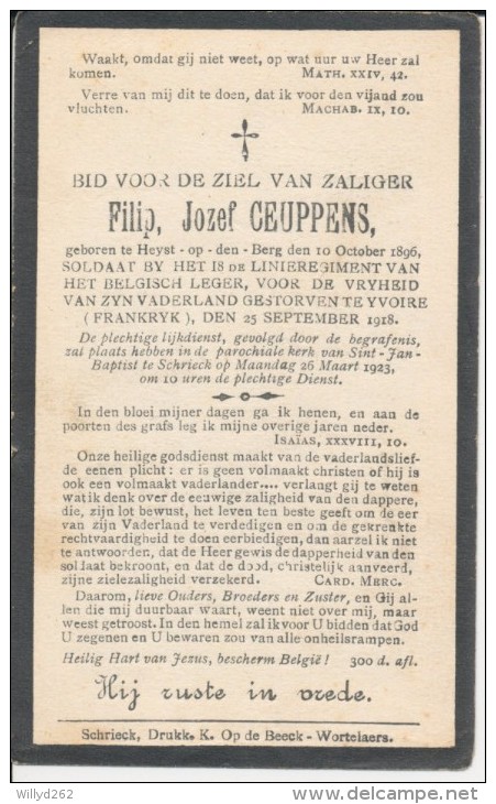 Doodsprentje WOI - Soldaat Filip Jozef CEUPPENS ° Heist-op-den-Berg 1896 - Gesneuveld Yvoire (Fr) 25/9/1918 - Religion & Esotérisme