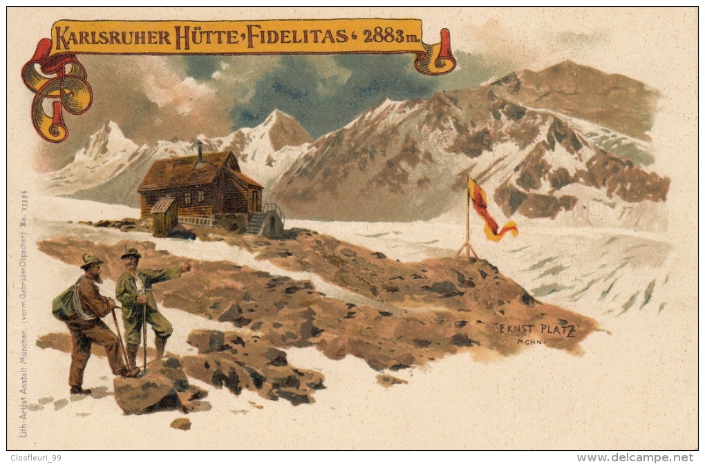 Wunderbare Litho-Artist Anstalt München : Karlsruher Hütte-Fidelitas.  2883 M. Karlsruhe ! Vorgelaufene Karte - Karlsruhe