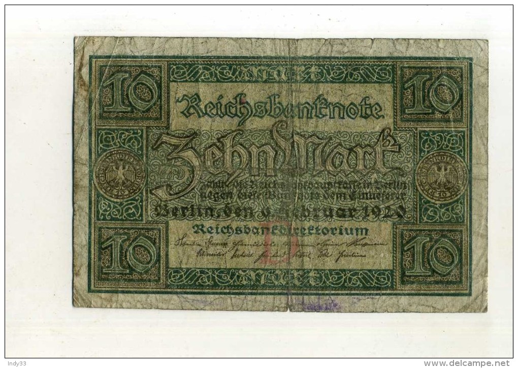 - ALLEMAGNE WEIMAR . REICHSBANKNOTE . 10 M. - 10 Mark