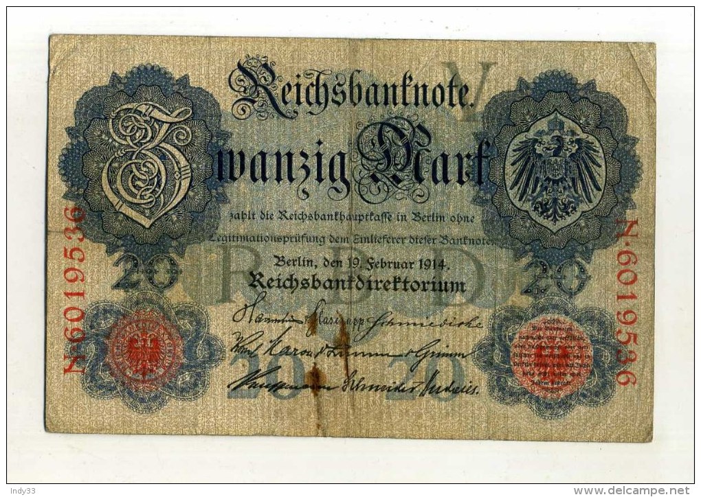 - ALLEMAGNE EMPIRE . BILLET 20 M. 1914 . - 20 Mark