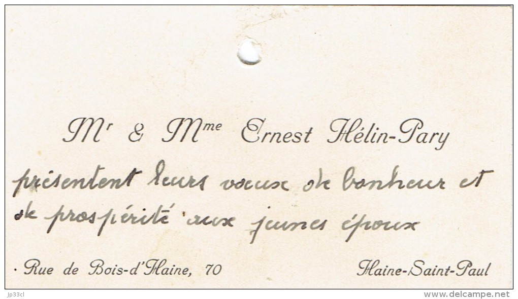 Ancienne Carte De Visite De M. Et Mme Ernest Hélin Pary, Rue De Bois-d'Haine, Haine-Saint-Paul (vers 1935) - Visitenkarten