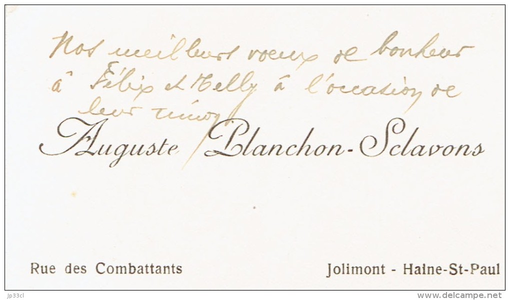 Ancienne Carte De Visite D'Auguste Planchon Sclavons, Rue Des Combattants, Jolimont, Haine-St-Paul (vers 1935) - Cartes De Visite