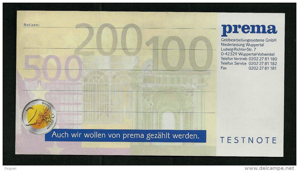 Test Note "PREMA NL Wuppertal" Testnote, 100-200-500 EUROS, Beids. Druck, RRRRR, UNC - Other & Unclassified