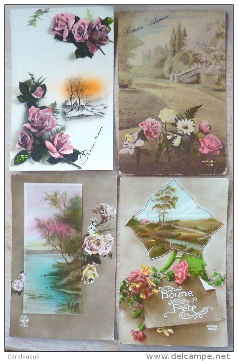 Lot 4 X Cp Photo Montage Fleur Rose Et Paysage Cachet Timbre Belgique - Sammlungen & Sammellose