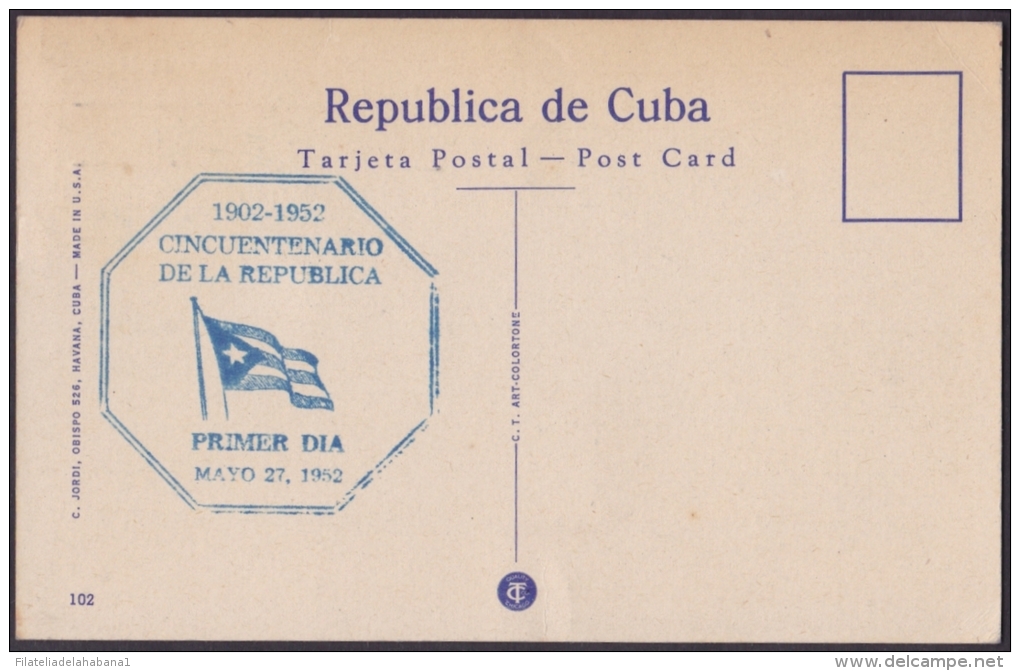 TMA-22 CUBA 1952. TARJETA MAXIMA FDC 50 ANIV DE LA REPUBLICA. PALACIO PRESIDENCIAL. PRESIDENTIAL PALACE. - Cartes-maximum