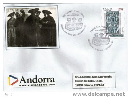 Coprínceps Andorra. Histoire Des Rencontres Des Deux Co-Princes (Français Et Espagnol) . FDC 2015, Adressé En Espagne - Lettres & Documents