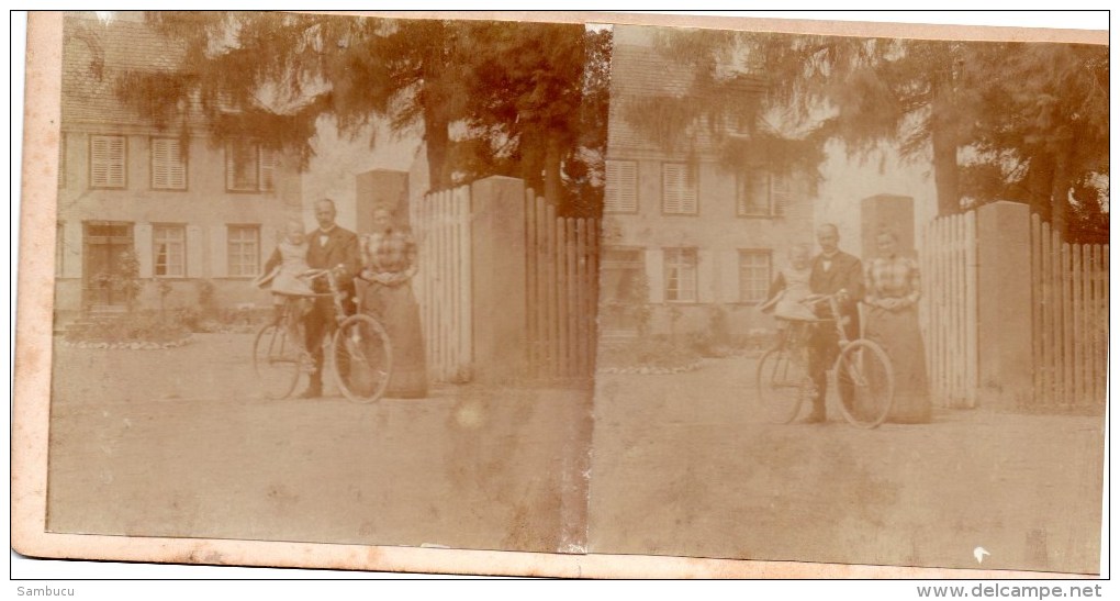 Stereofoto - Familie Mit Kind Auf Fahrrad - Unbekannt Ca 1880 - Stereoscopes - Side-by-side Viewers