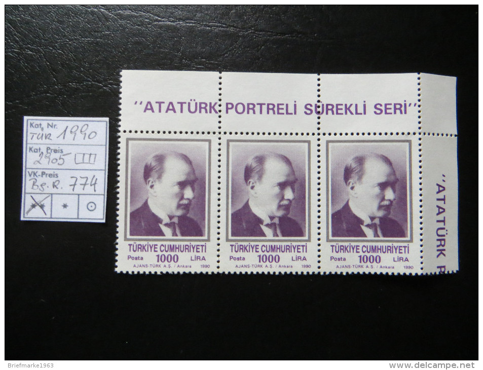 1990  " Atatürk " 3er Streifen Aus Bogenrand, K14 TOP  Postfrisch   LOT 774 - Ungebraucht