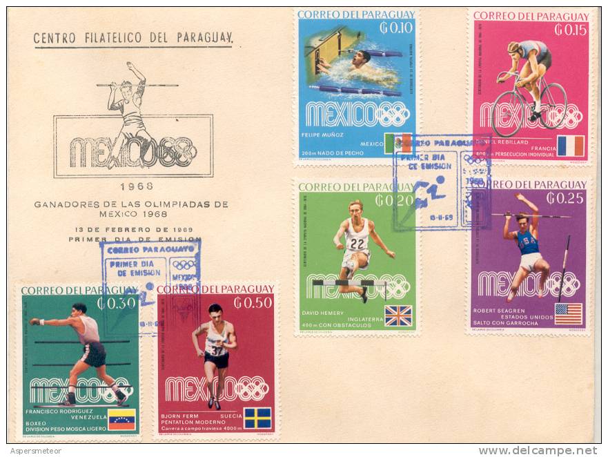 GANADORES DE LAS OLIMPIADAS DE MEXICO 1968 FEBRERO DE 1969 FDC SOBRE TBE PARAGUAY - Sommer 1968: Mexico