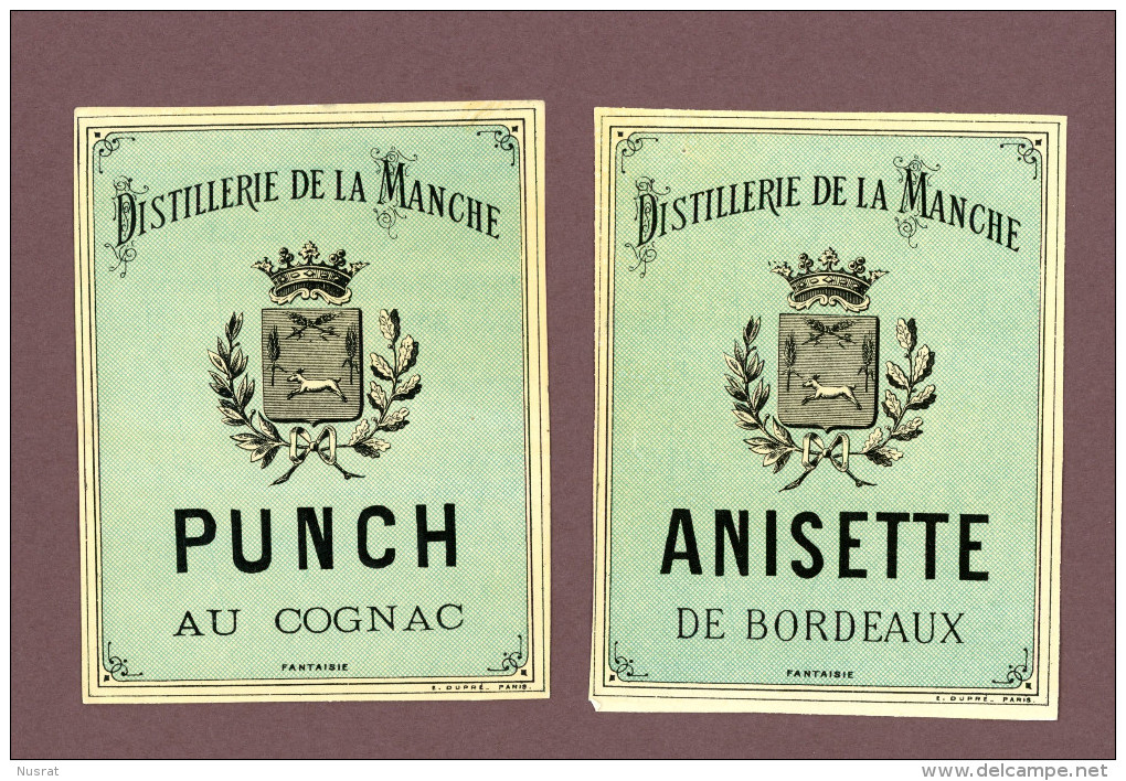Valognes, Distillerie De La Manche, Lot De 2 Anciennes Et Belles étiquettes, Punch Au Cognac, Anisette, Lith. Dupré - Other & Unclassified