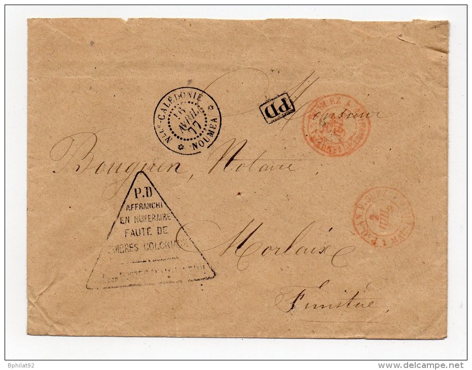 !!! NOUVELLE CALEDONIE LETTRE DE 1877 SANS TIMBRE CACHET PD, AFFRANCH EN NUMERAIRE FAUTE DE TIMBRES COLONIAUX - Lettres & Documents