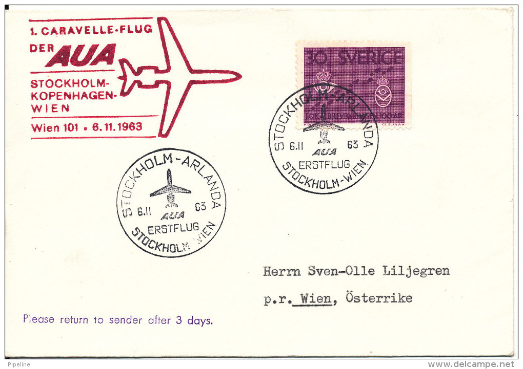 Sweden Cover First Flight Austrian Airlines Stockholm - Wien 6-11-1963 - Brieven En Documenten