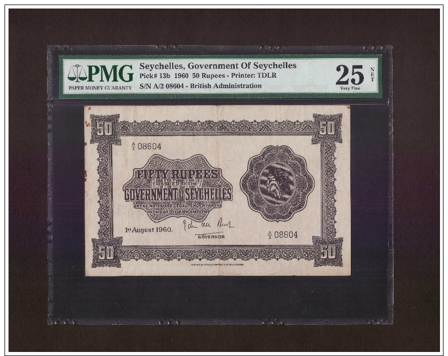 BRITISH SEYCHELLES 1960 50 RUPEES QE II PMG GRADED 25 VF EXTREMELY V.RARE BANKNOTE. - Seychelles