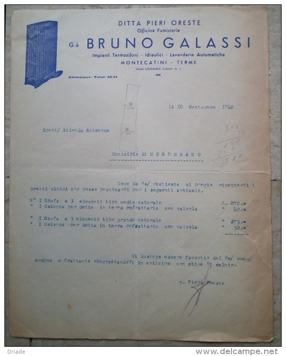 FATTURA PUBBLICITA DITTA PIERI ORESTE GIà GALASSI IMPIANTI TERMOSIFONI IDRAULICI PISTOIA ANNO 1940 - Italia