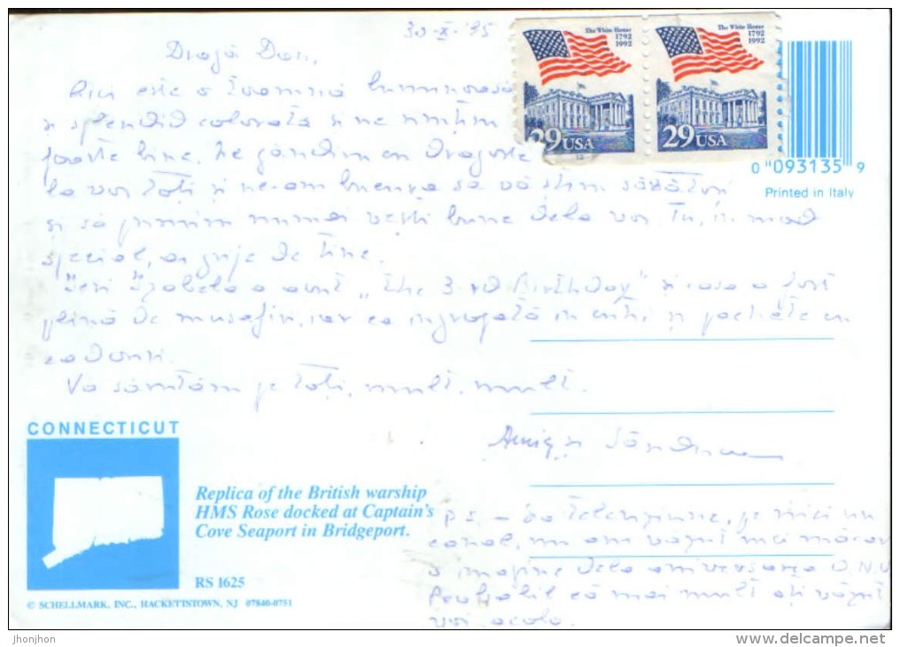 United States  - Postcard Circulated In 1995 - Replica Of The British Warship HMS Rose In Bridgeport   - 2/scans - Bridgeport