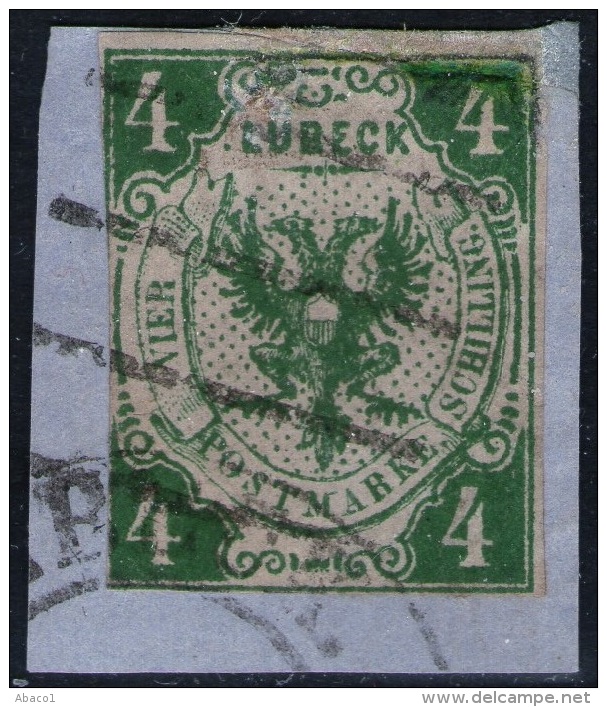 Lübeck Nr. 5 - 4 Shilling Grün - Doppelentwertung Orts- Und Balkenstempel Auf Briefstück - Lübeck