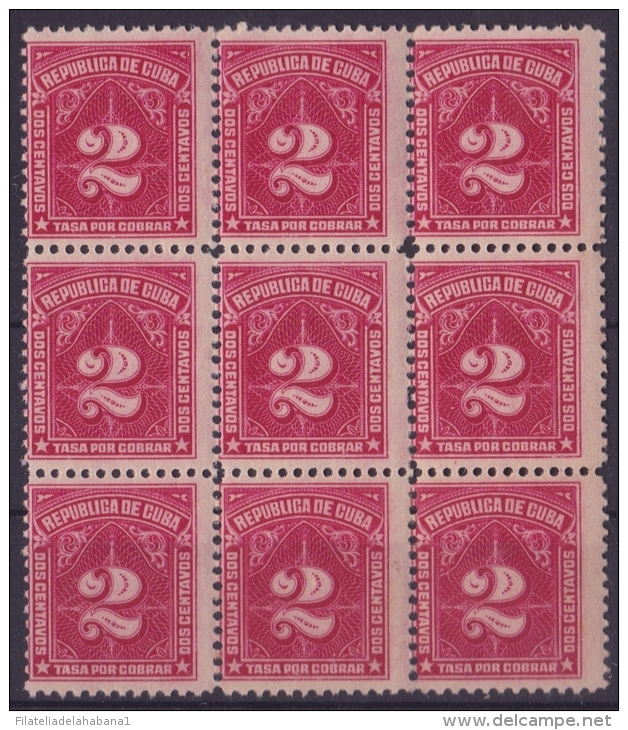 1914-70 CUBA. REPUBLICA. 1914. 2c TASA POR COBRAR. POSTAGE DUE. Ed.5. BLOCK 9. MNH - Ongebruikt