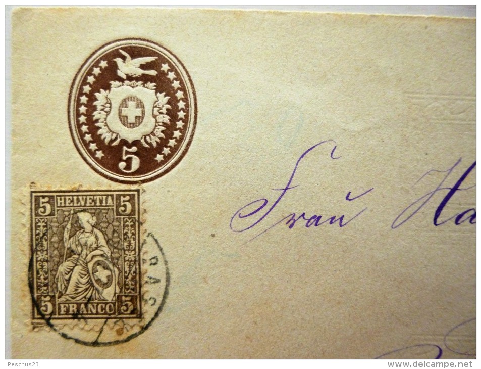 SUISSE / SCHWEIZ / SVIZZERA / SWITZERLAND // 1877, Entier Postal - Ganzsachen Brief + Zusatzfrank. 5Rp. Sitz. Helvetia - Lettres & Documents