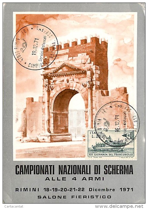 CAMPIONATI NAZIONALI DI SCHERMA RIMINI DICEMBRE 1971 - CARTOLINA CON ANNULLO FILATELICO - Fencing