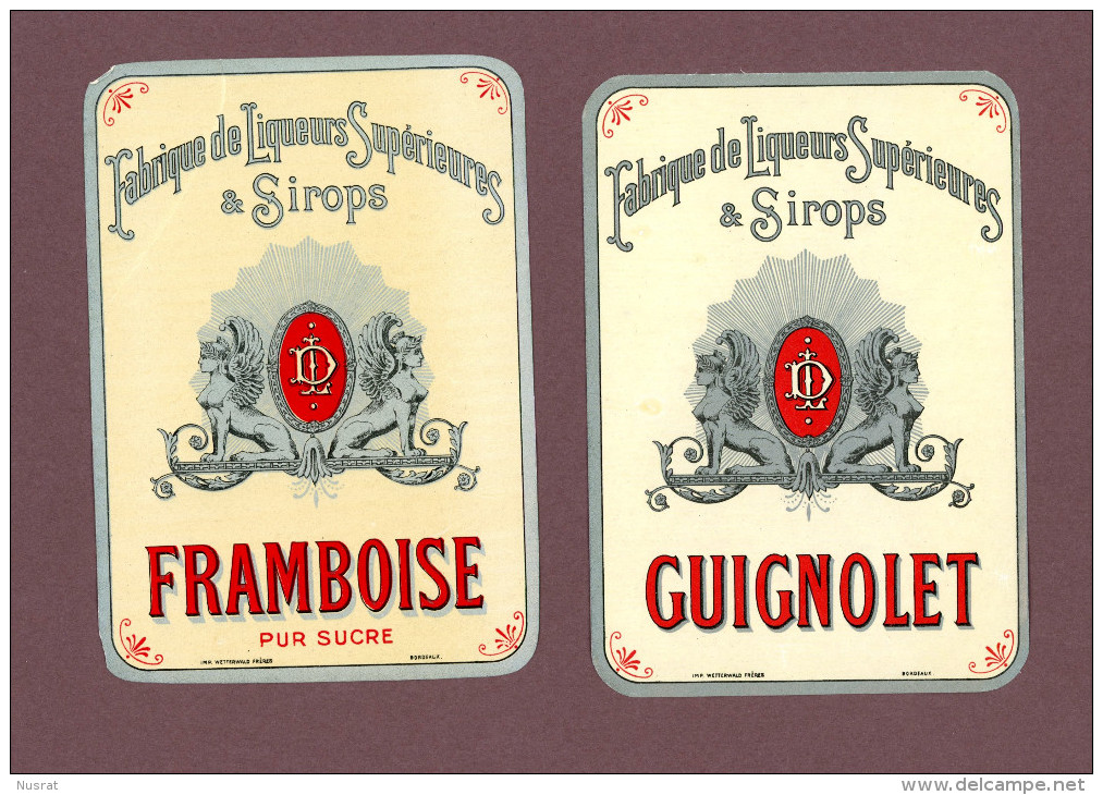 Lot De 2 Anciennes étiquettes, Papier Glacé, Guignolet & Framboise, Lith. Wetterwald Frères, Bordeaux - Other & Unclassified