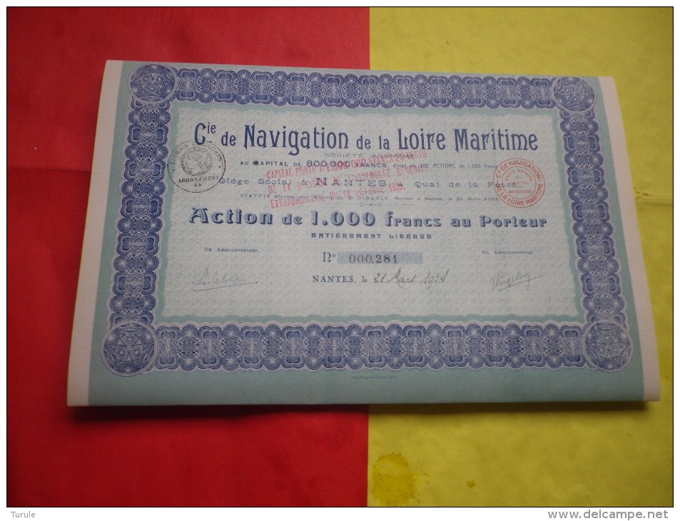 Cie DE NAVIGATION DE LA LOIRE MARITIME (capital 0,8 Million Porté 1,3 Million) Nantes,loire Atlantique - Other & Unclassified
