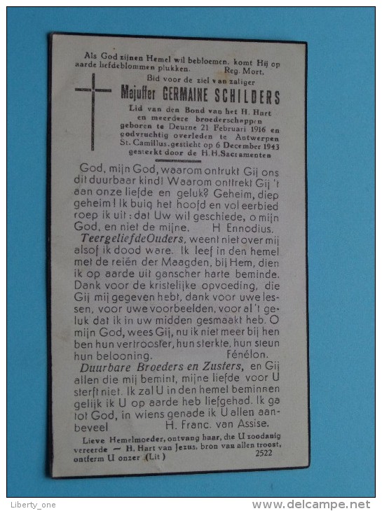 DP Germaine SCHILDERS () Deurne 21 Feb 1916 - Antwerpen 6 Dec 1943 ( Zie Foto´s ) ! - Religione & Esoterismo