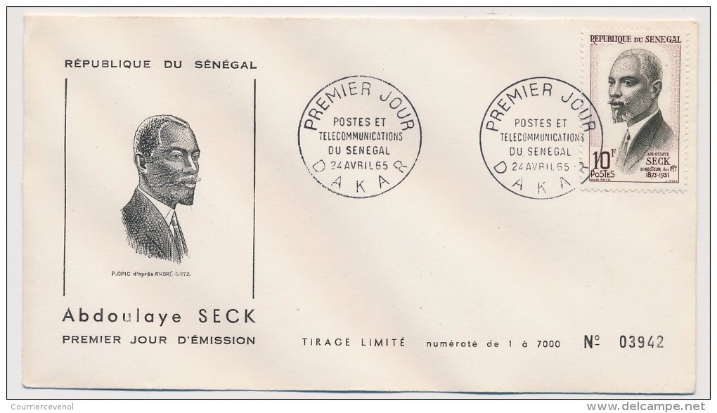 SENEGAL => 2 FDC - 10F Abdoulaye Seck - Postes Et Télécommunications Du Sénégal - 1965 - Dakar - Senegal (1960-...)