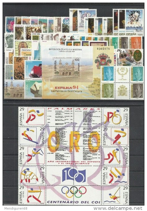 ESPAGNE SPANIEN ESPAÑA SPAIN 1994 FULL YEAR AÑO COMPLETO STAMPS AND SHEET - SELLOS Y HOJAS BLOQUE MNH - Années Complètes