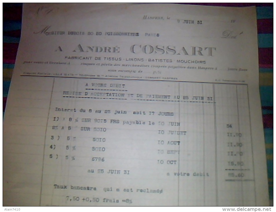 Vieux Papiers Facture Lettre A Entete Textilles Andre Cossart Fabricant De Tissus Linon Batiste...  Annee D Edition 1931 - Autres & Non Classés
